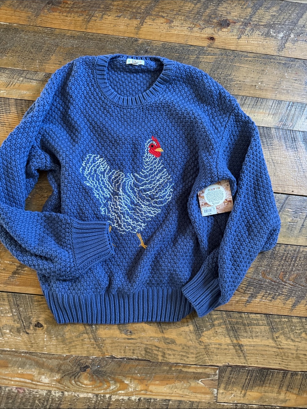 Blue Embroidered Chicken Crewneck Sweater - Classic Womens Knit